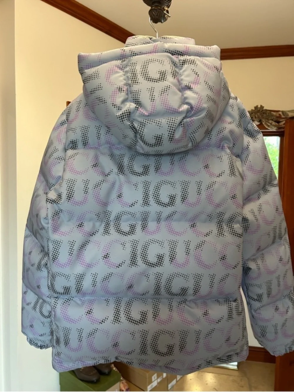 Men’s Gucci printed technical poplin puffer jacket size 54/XXL made in Italy